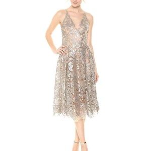 Dress the Population ‘Blair’ Metallic Lace Midi Dress NWOT